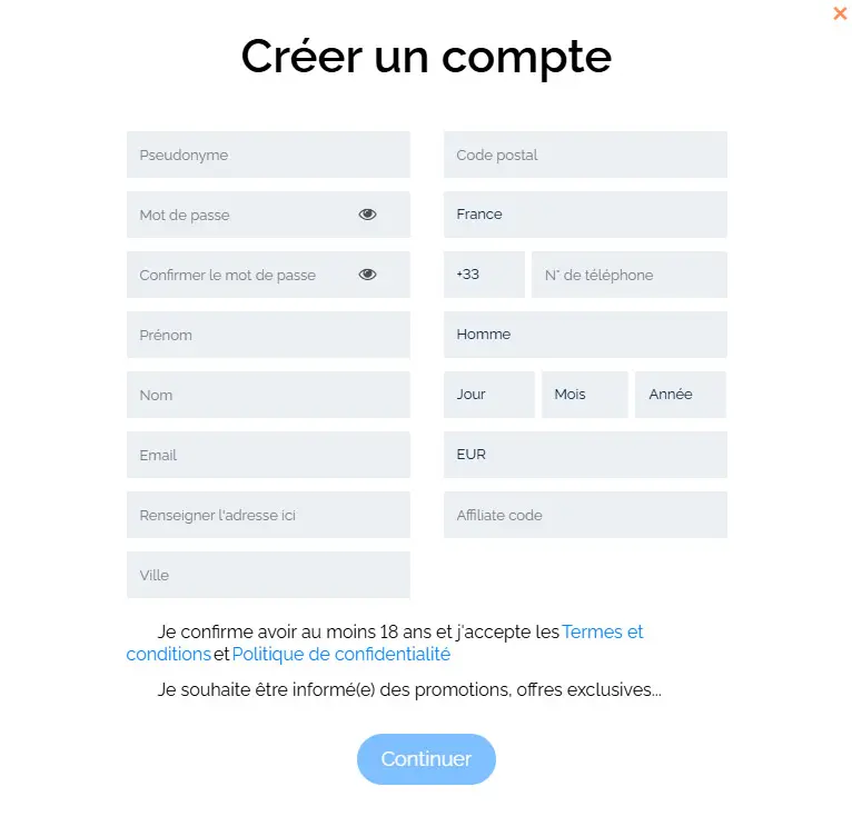 Processus d'inscription TIP TOP CASINO